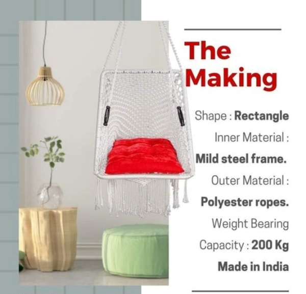 CURIO CENTER Make in India Round Premium Swing with Polyester Ropes & Mild Steel Frame for Adults & Kids/Indoor Outdoor Hanging Swing Chair with Cushion & Accessories (66 x 96 x 144cm, White) - Free Size, White, Polyester Rope With Iron Frame, Pack of 1, Rectangle